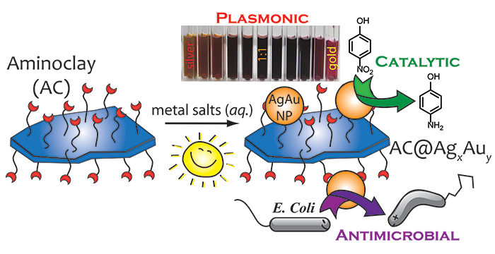 Sunlight-assisted route to antimicrobial plasmonic aminoclay catalysts