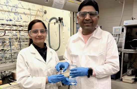 A photo of Sachin Handa and Ashish Dusunge show their new chemical tool, AshPhos, in Handa's lab at the University of Missouri. Photo courtesy Sachin Handa
